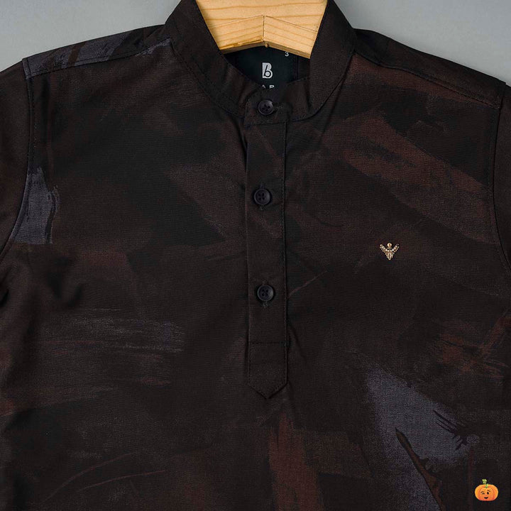 Brown Casual Band Collar Shirt for Boys Close Up View