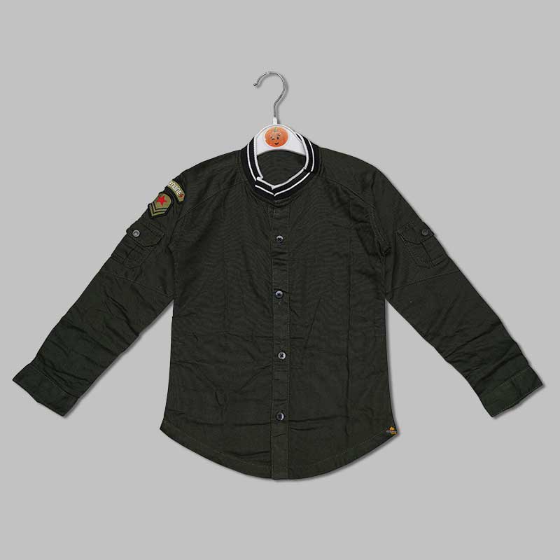 Solid Full Sleeves Mandarin Collar Shirt for Boys Variant Front View