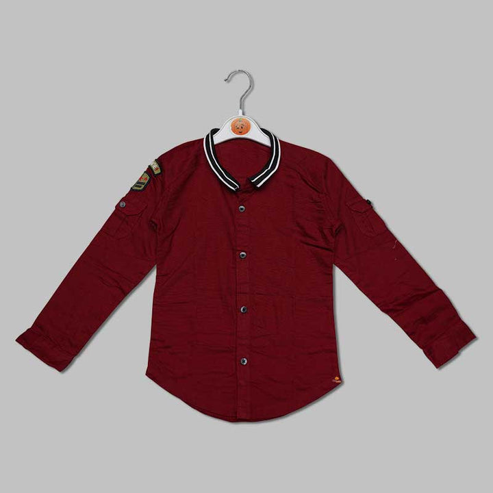 Solid Marron Full Sleeves Mandarin Collar Shirt for Boys Variant Front View