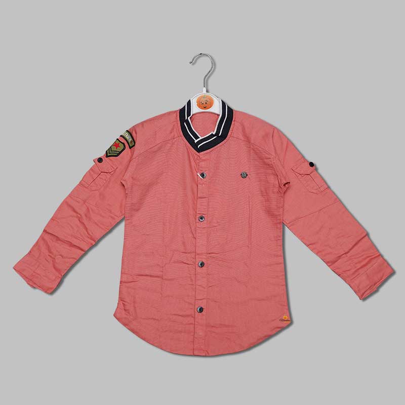 Solid Pink Full Sleeves Mandarin Collar Shirt for Boys Variant Front View
