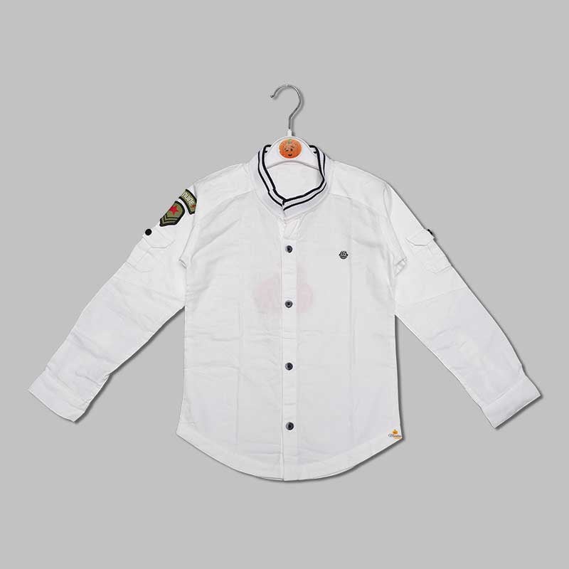 Solid White Full Sleeves Mandarin Collar Shirt for Boys Variant Front View