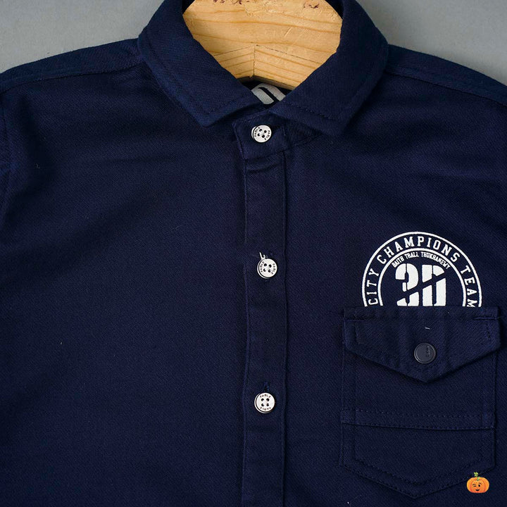 Navy Blue Full Sleeves Boys Shirt Close Up View