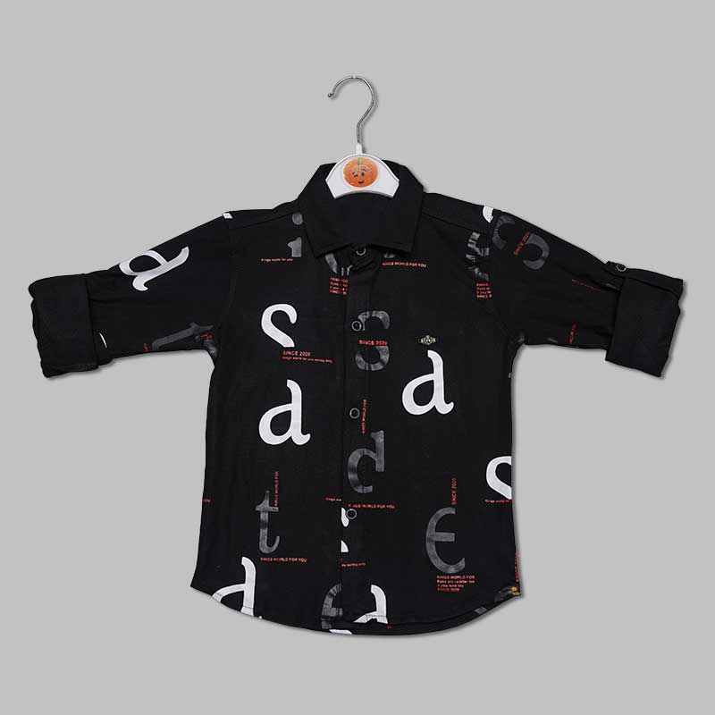 Solid Black Calligraphy Print Full Sleeves Shirt for Boys Variant Front View