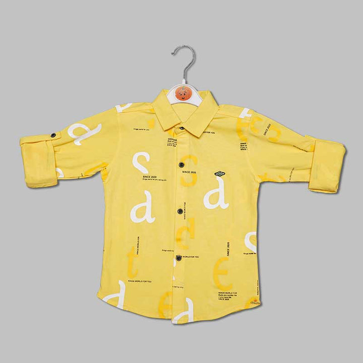 Solid Yellow Calligraphy Print Full Sleeves Shirt for Boys Variant Front View