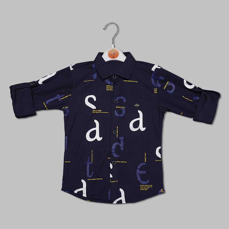 Solid Blue Calligraphy Print Full Sleeves Shirt for Boys Variant Front View