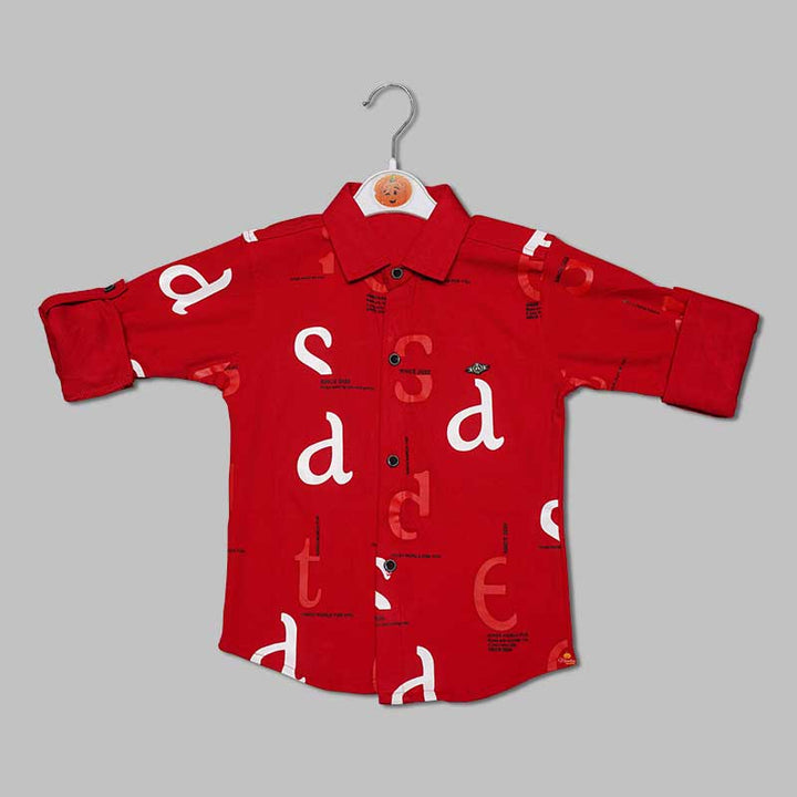 Solid Red Calligraphy Print Full Sleeves Shirt for Boys Variant Front View