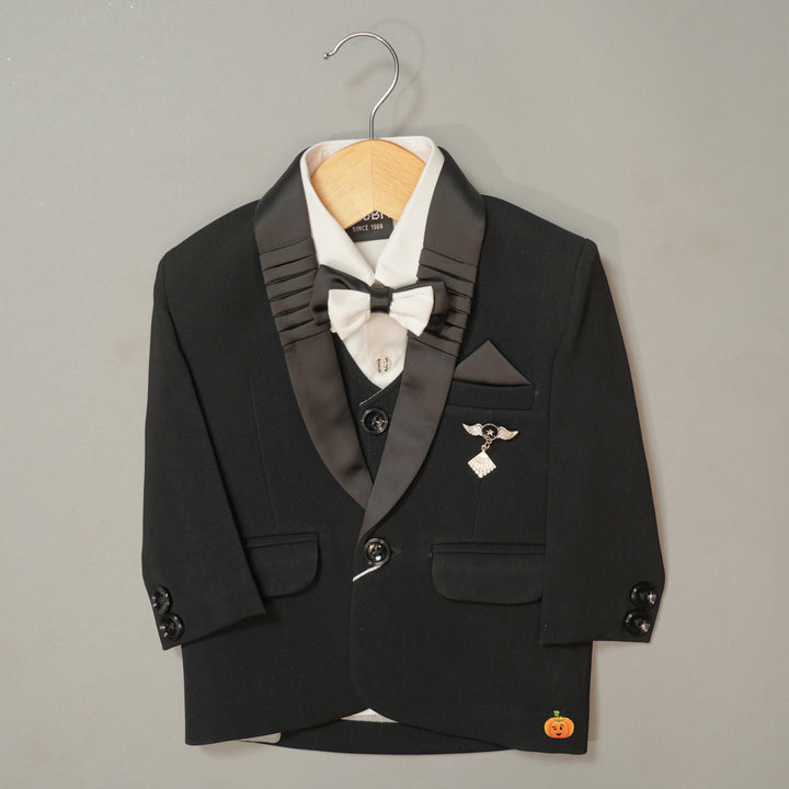 Black Party Wear Tuxedo for Boys with Bow Top View