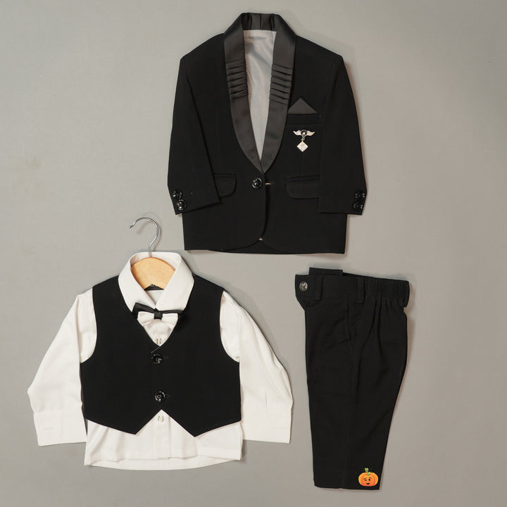 Black Party Wear Tuxedo for Boys with Bow All Pieces View