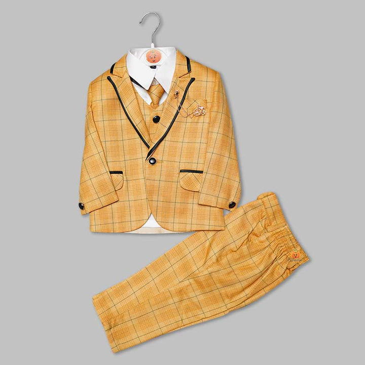 Yellow Checks Party Wear Boys Suit Front View