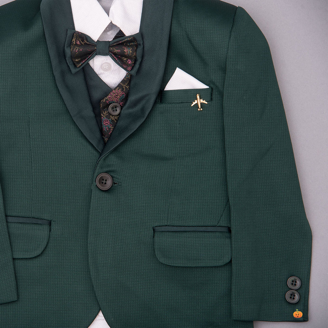 Green Boys Tuxedo Suit with Bow Tie Close Up View