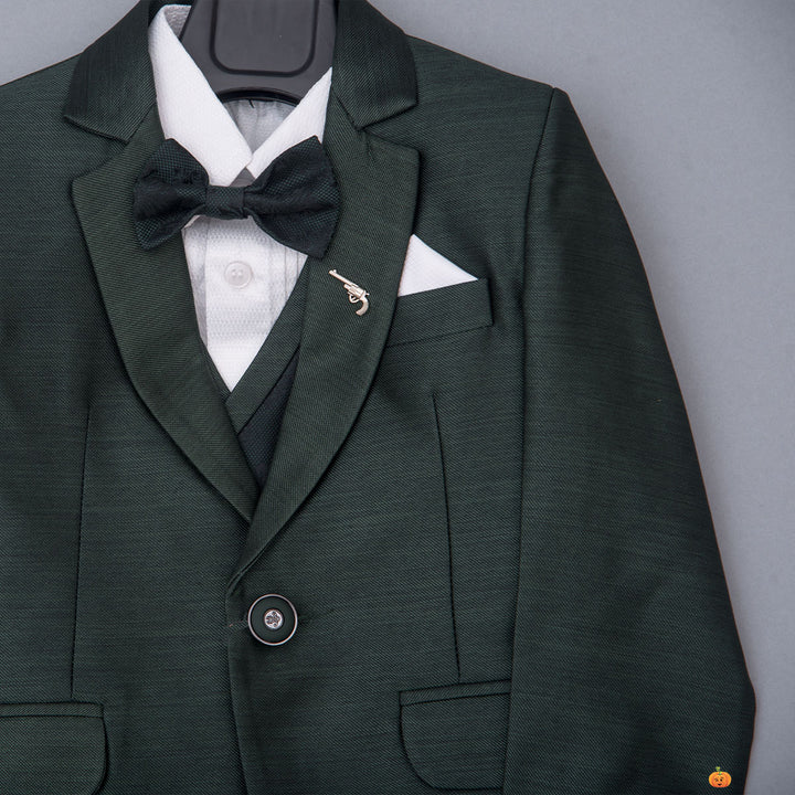 Dark Green Boys Suit with Bow Tie Close Up View