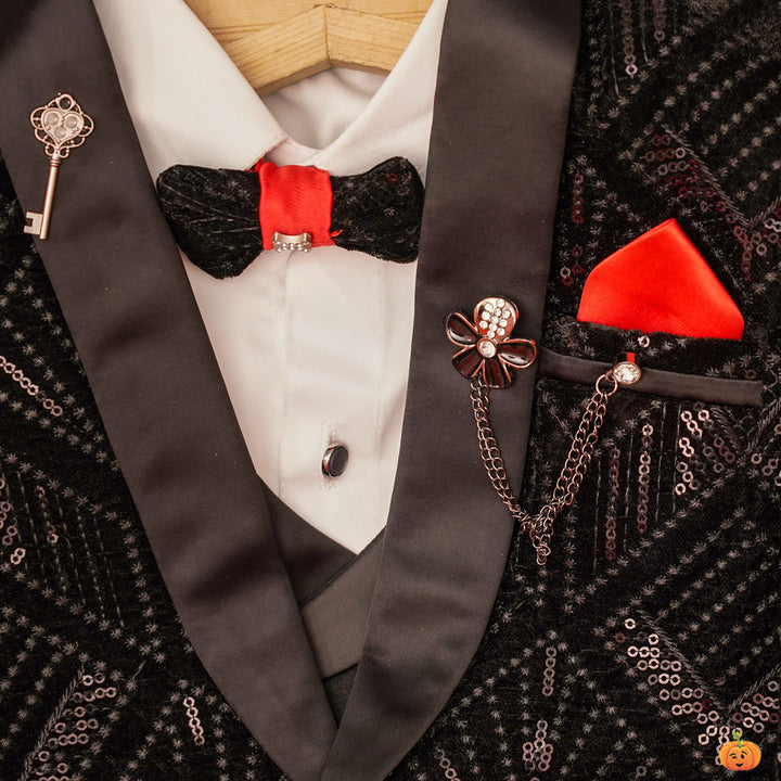 Designer Black Boys Tuxedo Suit with Bow Tie Close Up View