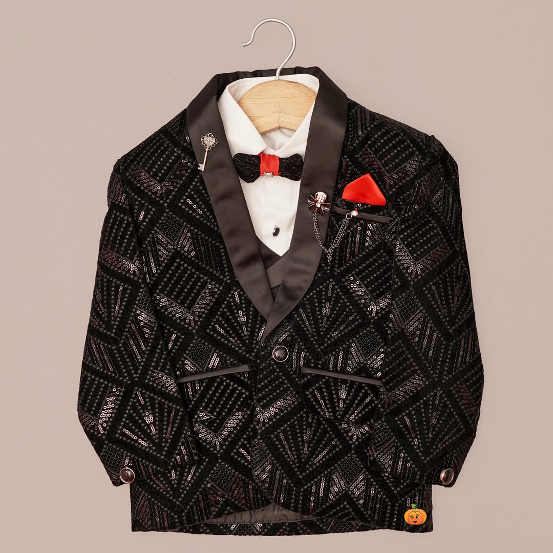 Designer Black Boys Tuxedo Suit with Bow Tie Top View