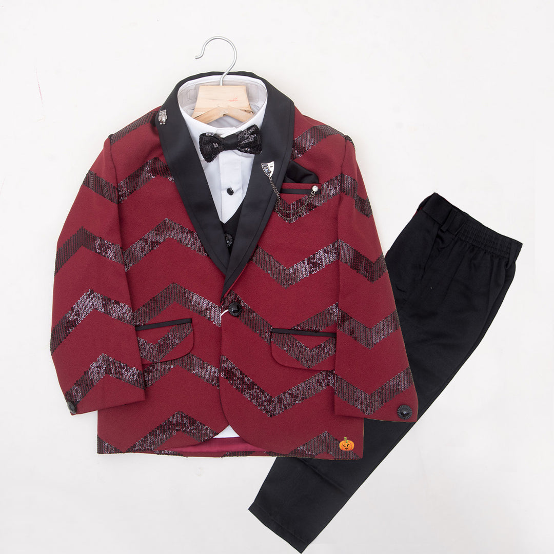 Maroon Zig Zag Patterns Boys Tuxedo Suit Front View