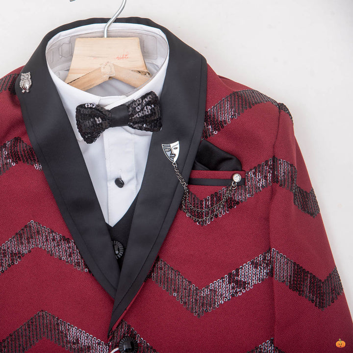 Maroon Zig Zag Patterns Boys Tuxedo Suit Close Up View