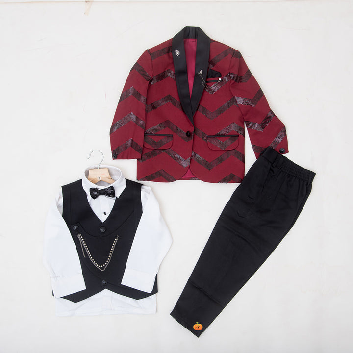 Maroon Zig Zag Patterns Boys Tuxedo Suit Whole View