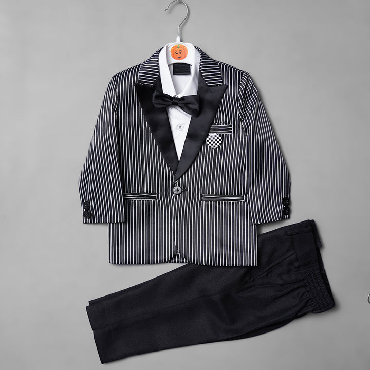 Striped Party Wear Boys Suit with Bow Tie Front View