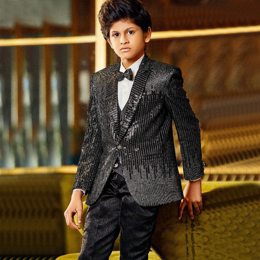 Black Shimmering Boys Tuxedo Suit Front View