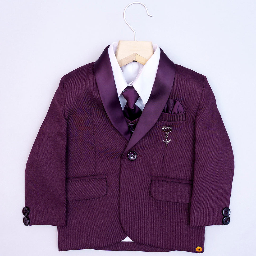 Wine Boys Tuxedo Suit with Tie Top View