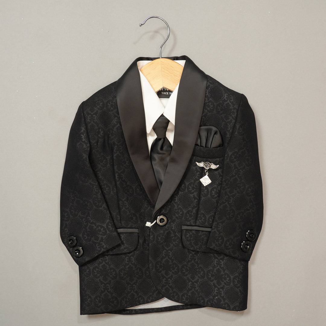 Black Printed Party Wear Boys Tuxedo Front View