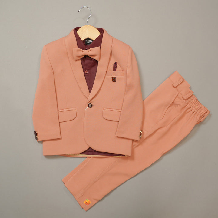 Peach Party Wear Boys Tuxedo Suit With Bow Tie Full View