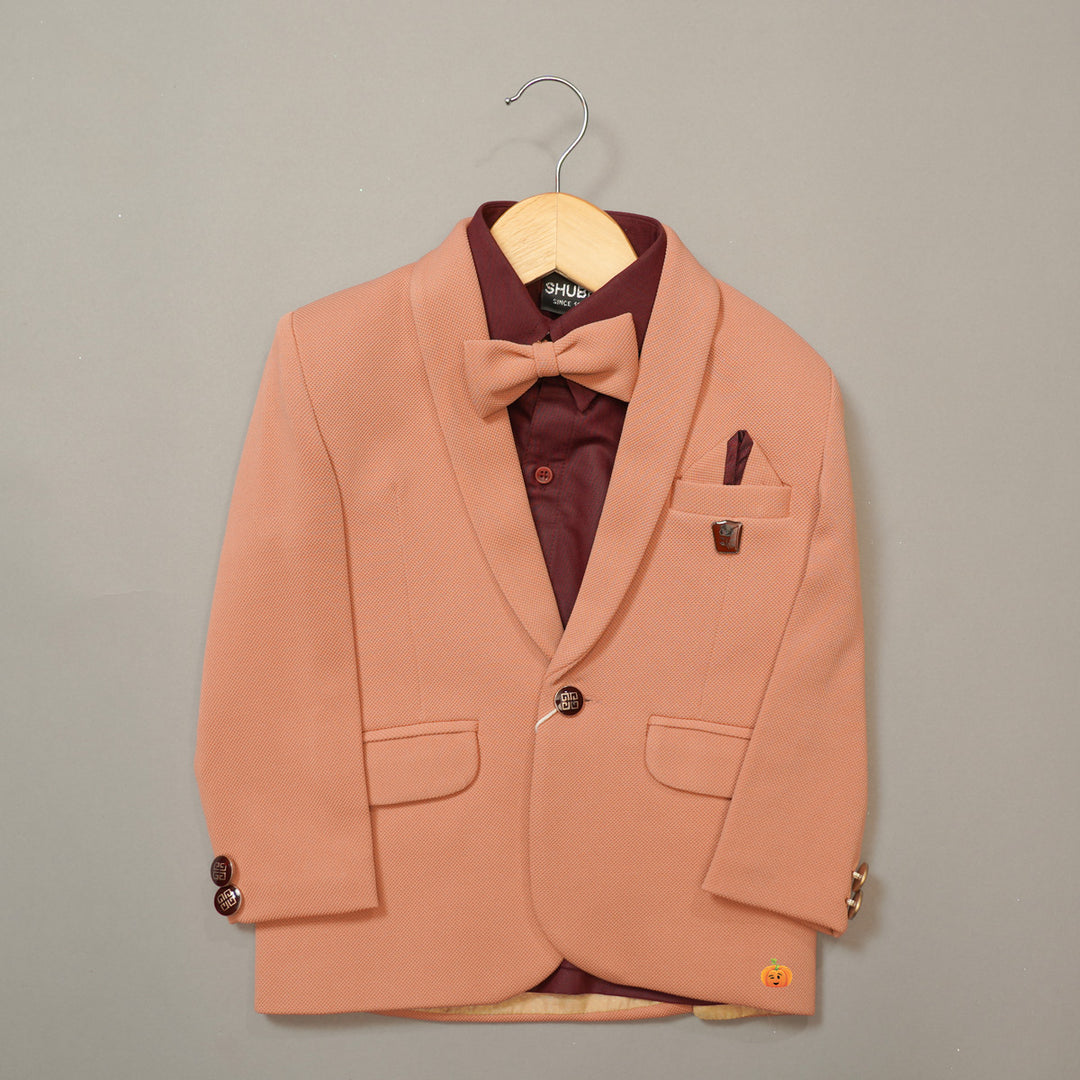 Peach Party Wear Boys Tuxedo Suit With Bow Tie Top View