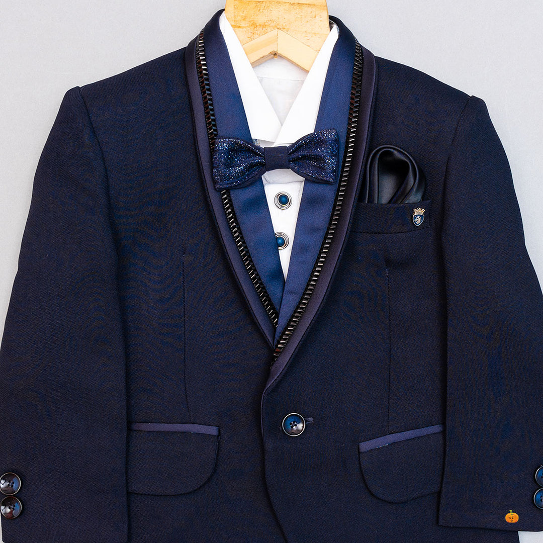 Navy Blue Cummerbund Tuxedo Suit for Boys Close Up View