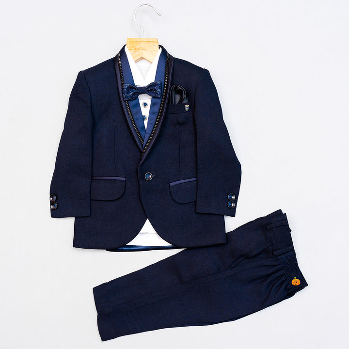 Navy Blue Cummerbund Tuxedo Suit for Boys Front View
