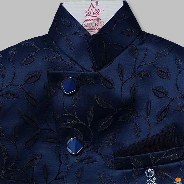 Blue & Green Floral Jodhpuri Suits for Boys Close Up View