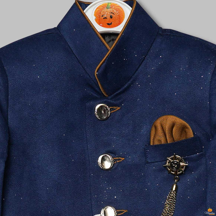 Blue Jodhpuri Suit for Boys with Contrast Pant Close Up View
