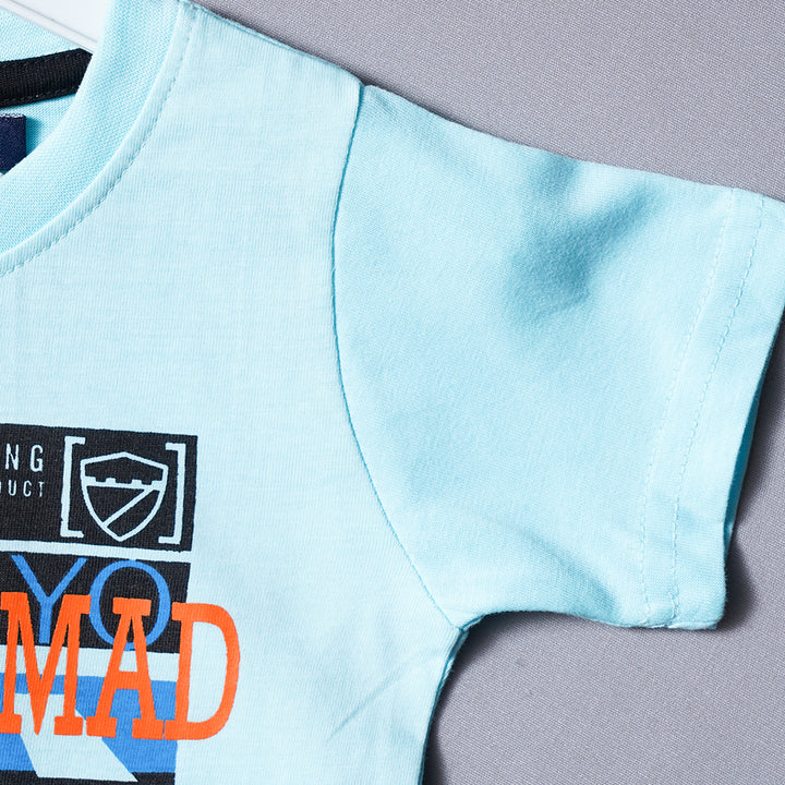Blue Printed T-Shirt for Boys Close Up View