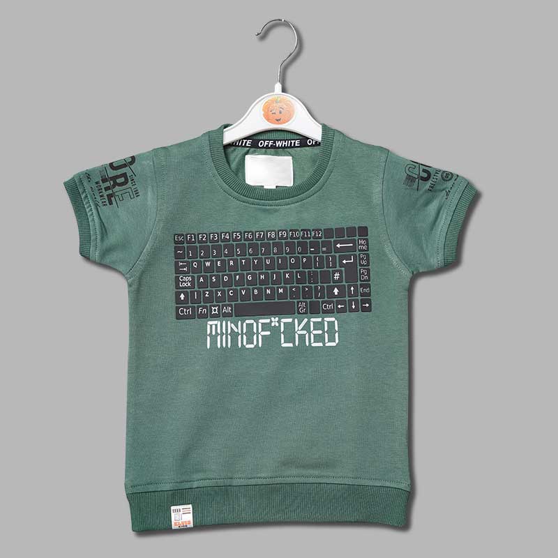 Solid Green Crew Neck Calligraphic Print T-Shirts for Boys Variant Front View