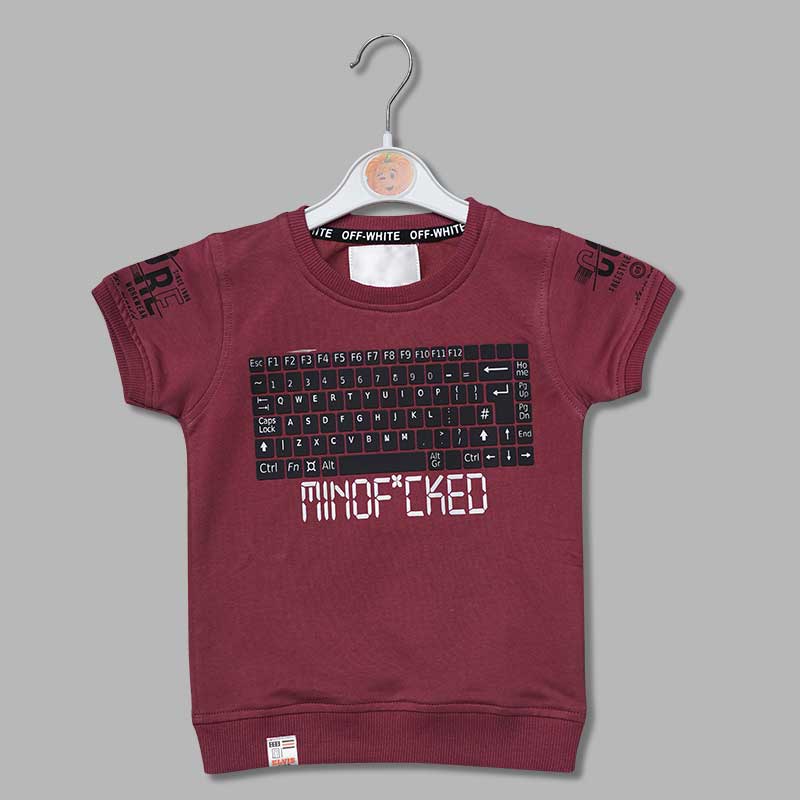 Solid Maroon Crew Neck Calligraphic Print T-Shirts for Boys Variant Front View