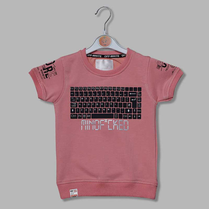 Solid Pink Crew Neck Calligraphic Print T-Shirts for Boys Variant Front View