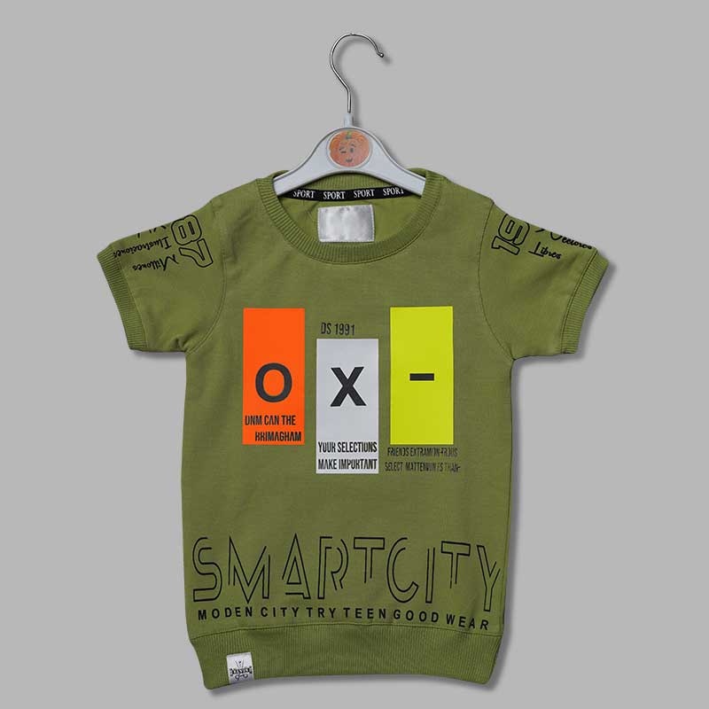 Ribbed Neck Neon Print T-Shirts for Boys in Green