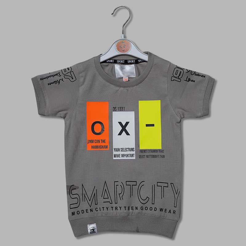 Ribbed Neck Neon Print T-Shirts for Boys in Grey