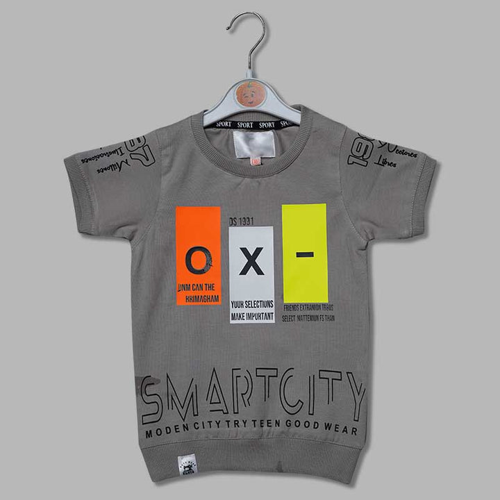Ribbed Neck Neon Print T-Shirts for Boys in Grey