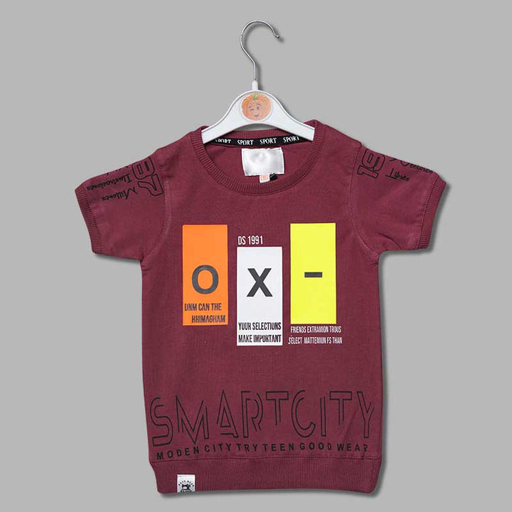Ribbed Neck Neon Print T-Shirts for Boys in maroon