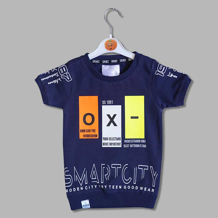 Solid Blue Printed T-Shirts for Boys Variant Front View