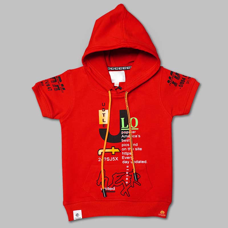 Solid Red Printed Hoodie T-Shirt for Boys Variant Front View