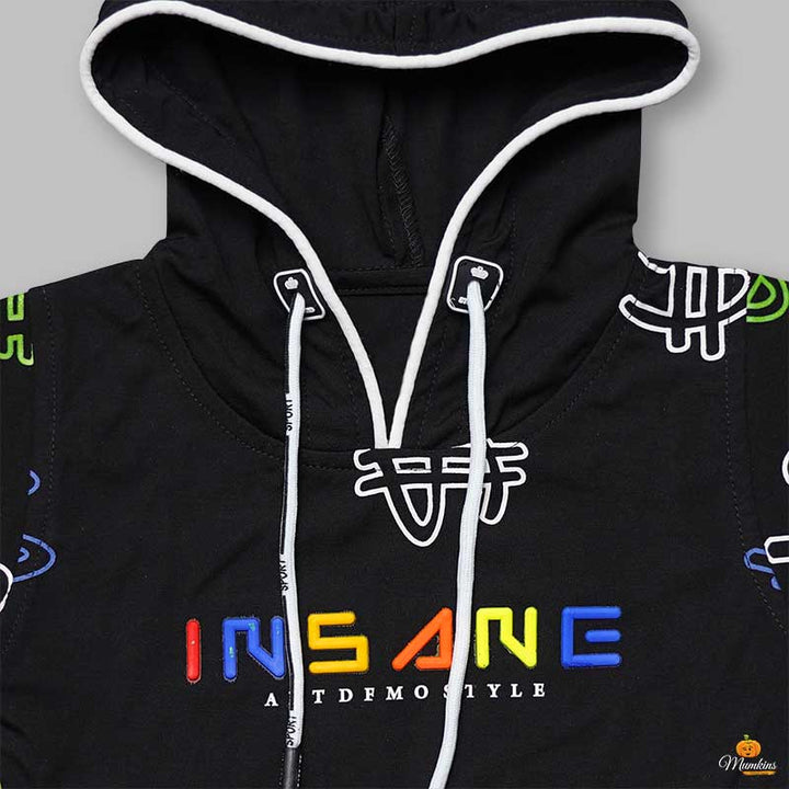 Black Blue T-shirts for Boys with Hoodie Pattern Close Up View