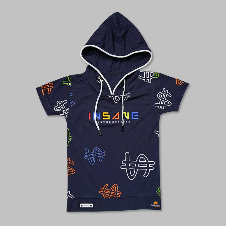 Black Blue T-shirts for Boys with Hoodie Pattern Variant Front  View