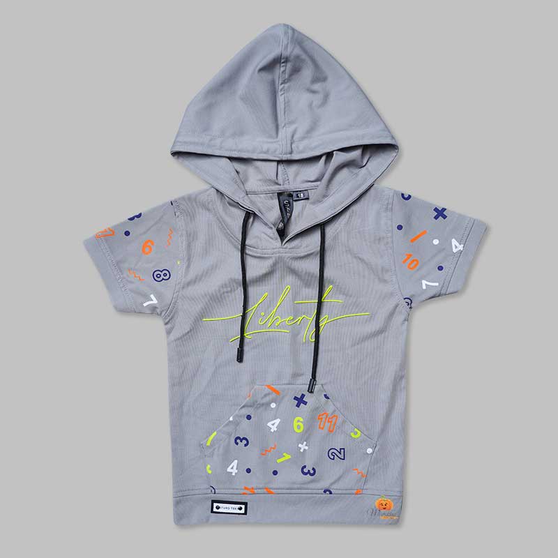 Solid Grey Numeric Printed T-shirts for Boys with Hoodie Pattern Variant Front View