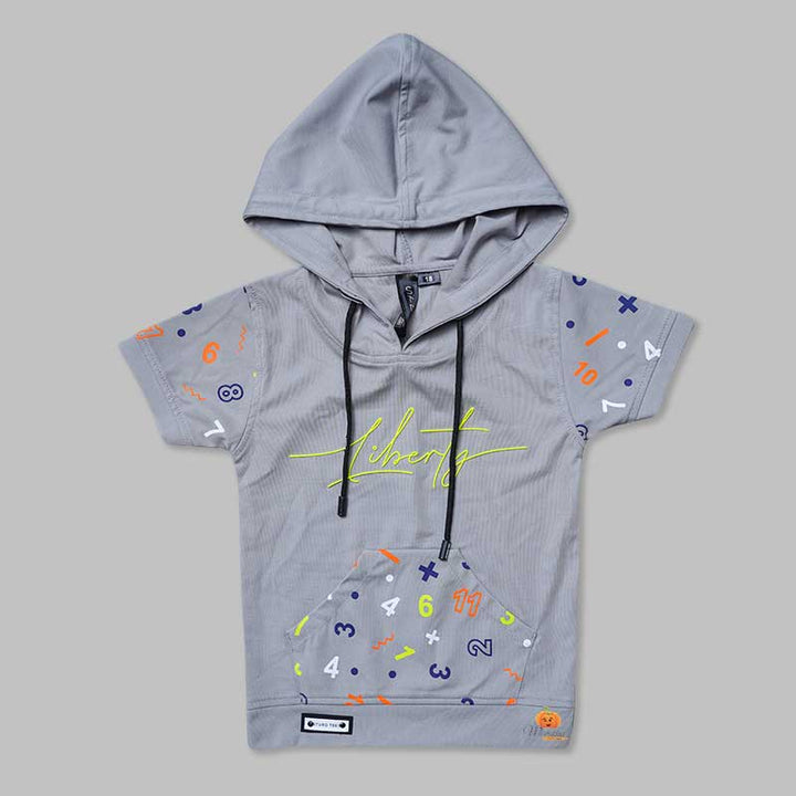 Solid Grey Numeric Printed T-shirts for Boys with Hoodie Pattern Variant Front View
