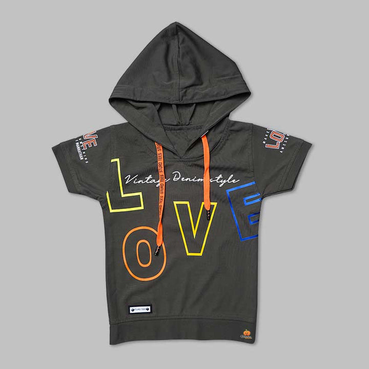 Love Text Print Hooded t-Shirts for Boys Olive