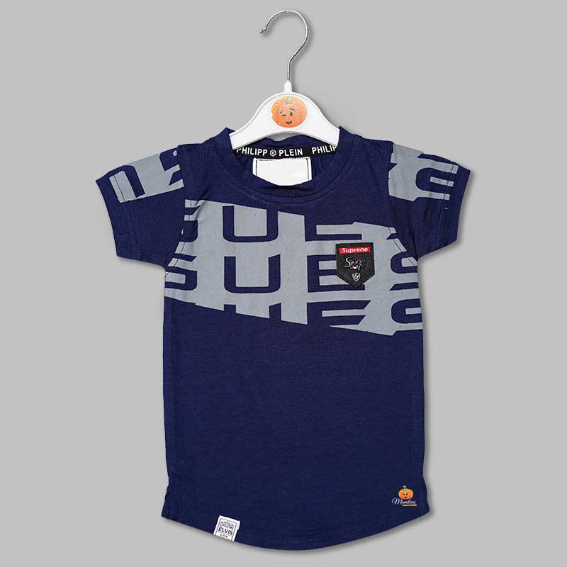 Solid Blue Calligraphic Print T-Shirts for Boys Variant Front View