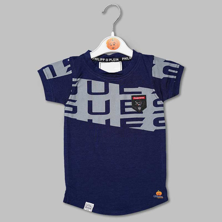 Solid Blue Calligraphic Print T-Shirts for Boys Variant Front View