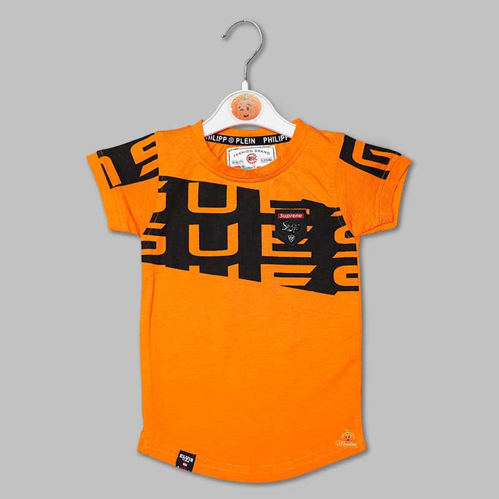 Solid Orange Calligraphic Print T-Shirts for Boys Variant Front View