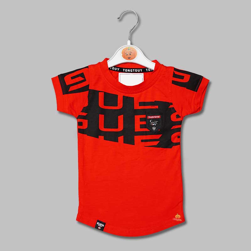 Solid Red Calligraphic Print T-Shirts for Boys Variant Front View