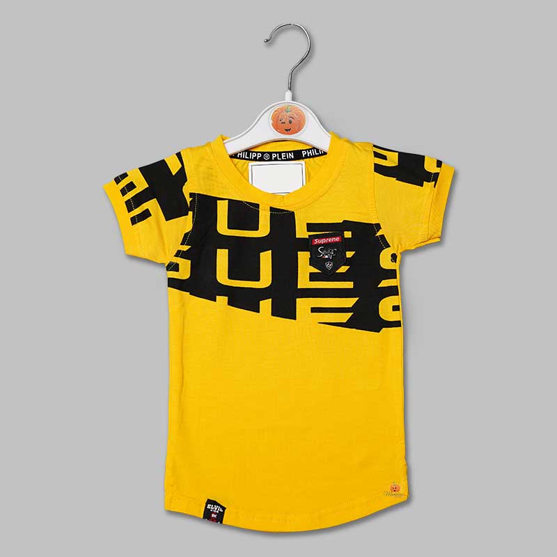 Solid Yellow Calligraphic Print T-Shirts for Boys Variant Front View